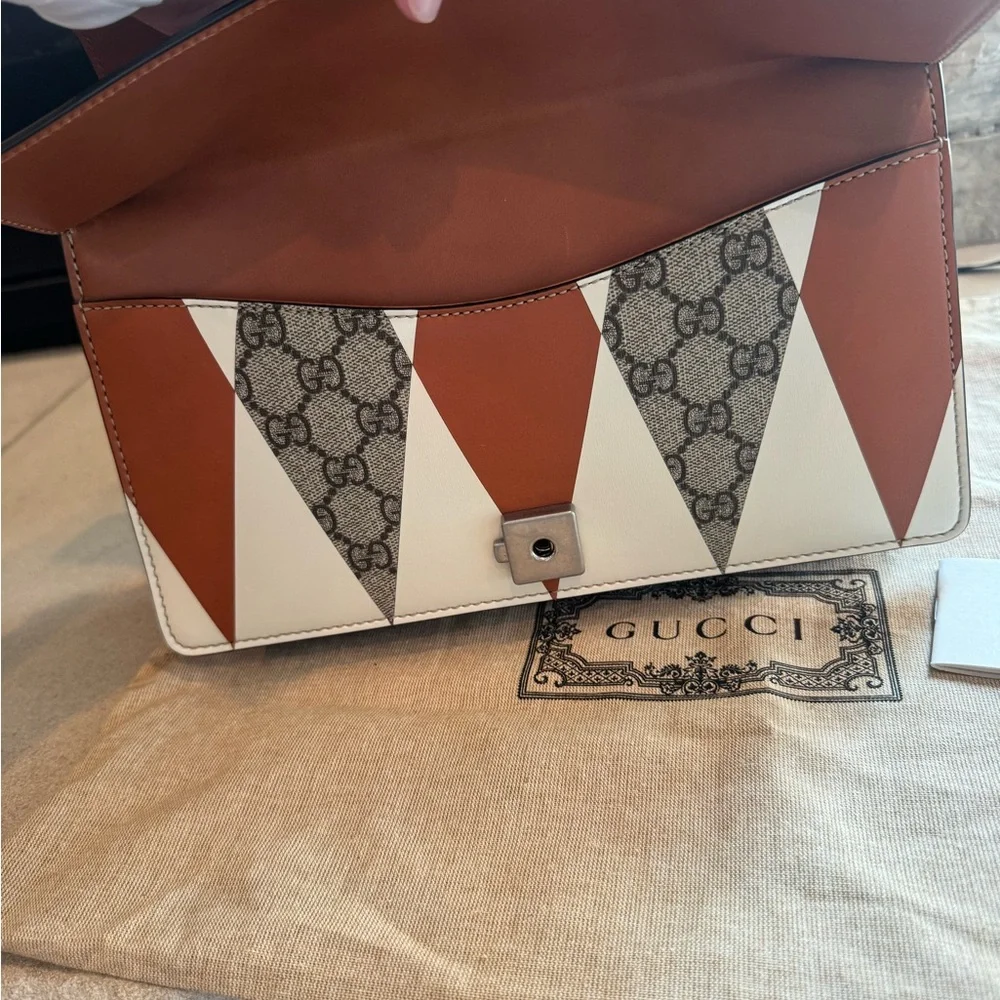Gucci GG Dionysus Rhombus Print Shoulder Bag in Cream & Tan with Gray Accent - Picture 11 of 13